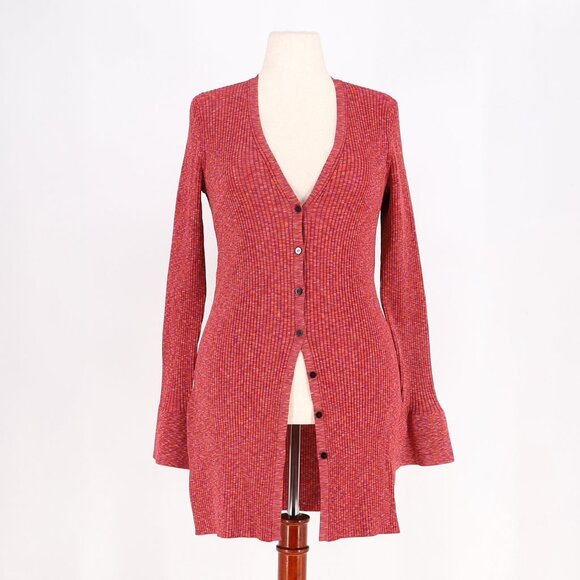 THEORY Space Dye Rib Cardigan Bell Cuff V-Neck in Sunset Multi Size L - Picture 2 of 9